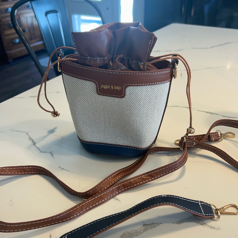 Vintage Style Mini Bucket Bag, Brown, Cream & Navy, NEW